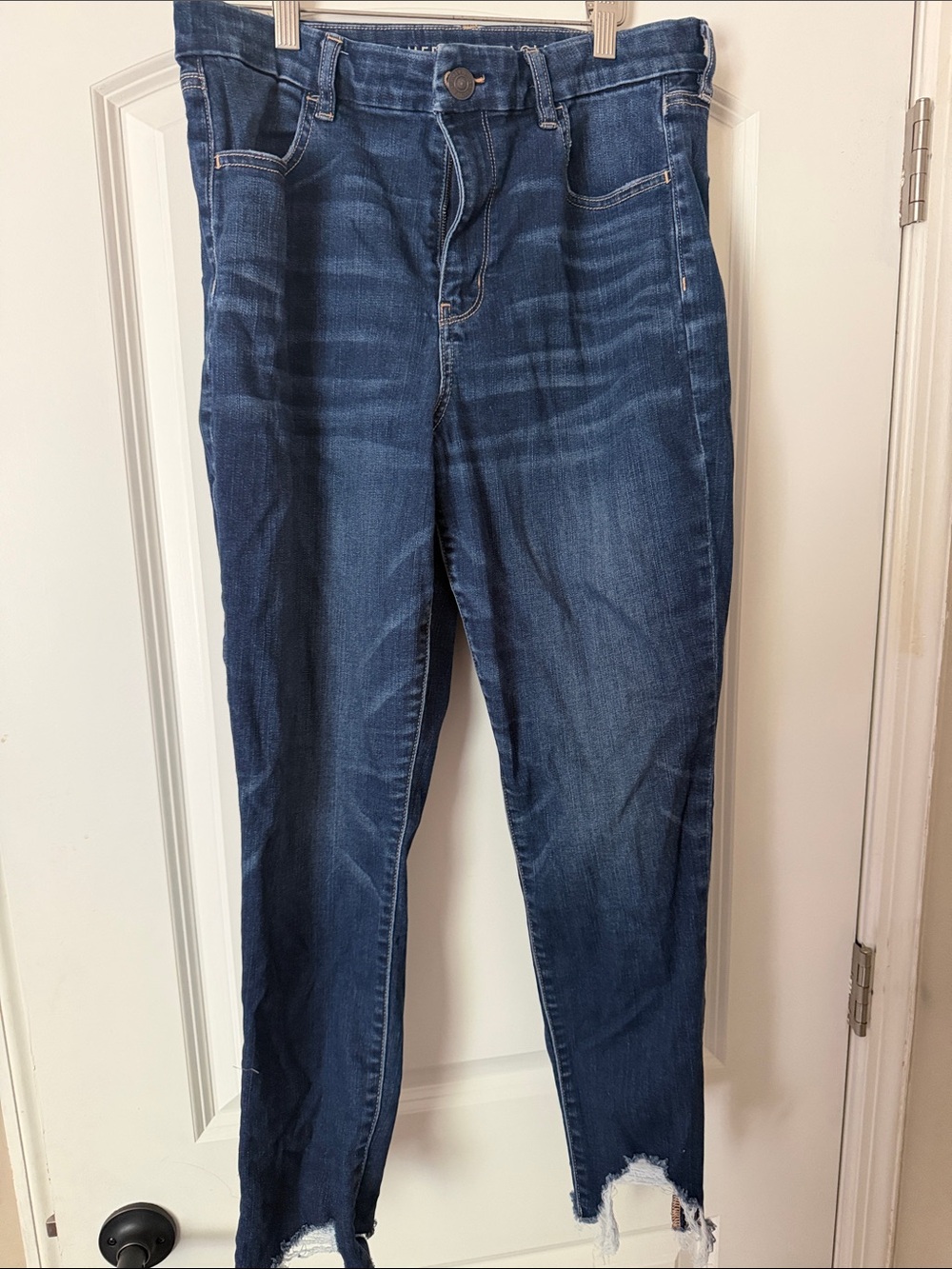 American Eagle Outfitters Dark Blue Cropped Distressed Hem Jeans